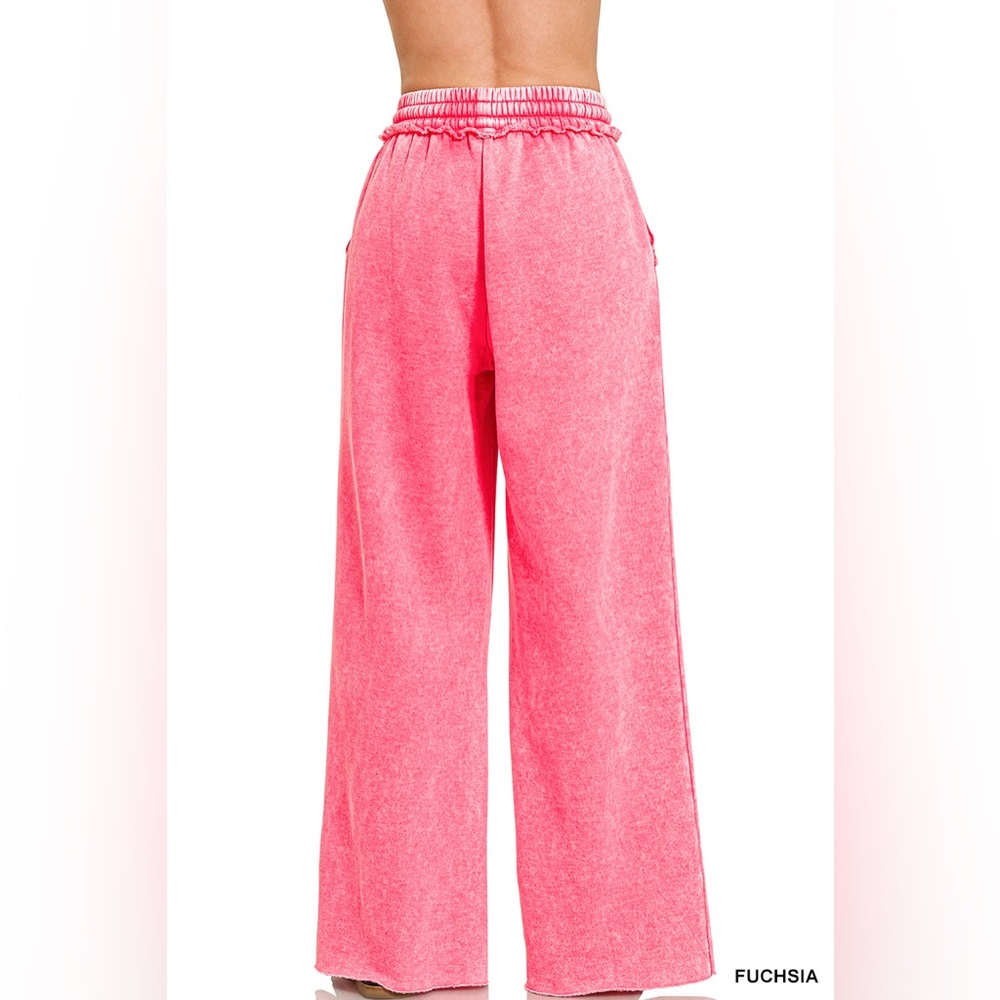 Acid Wash Fleece Wide Leg Palazzo Sweatpants with Pockets in Fuchsia - Picture 2 of 2